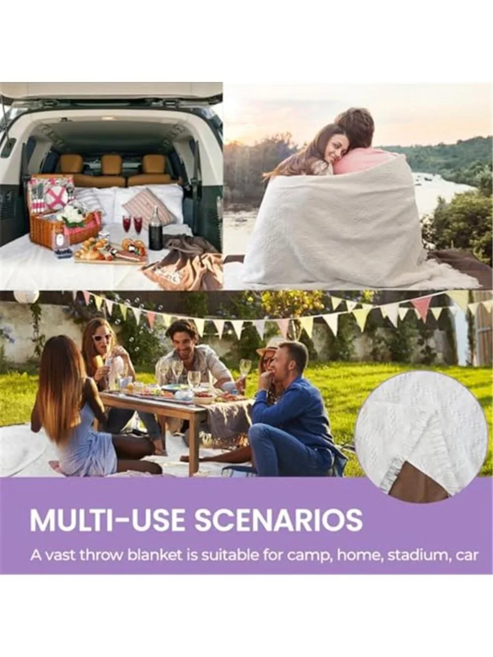 Waterproof Picnic Blanket 2 in 1 Foldable Beach Mat Camping Outdoor Large White